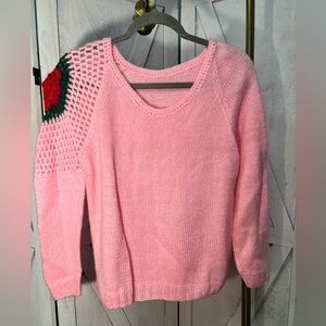 Pink Knit Sweater with Floral Detail